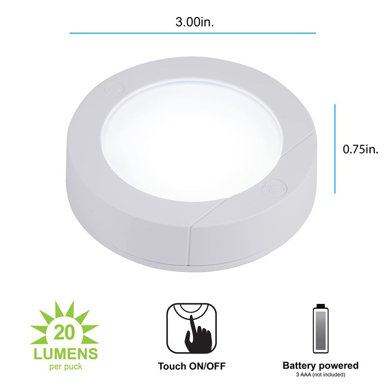 GE Wireless LED Tap-Lights, Battery Operated, 20 Lumens, Touch-Activated Puck Lights, Stick-On for Under Cabinet, Kitchen, Closet, or Garage, 2-Pack 25434 - Image 2