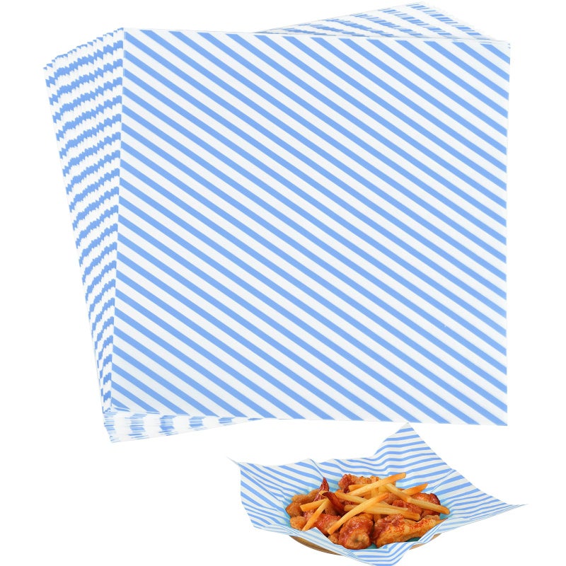KIKISML 100 PCS Deli Paper Sheets 12 12 Inch Foodgraded Greaseproof Paper Food Basket Liners for Sandwiches Burgers Fries Wrapping Paper for Party Festival and Outdoors Blue