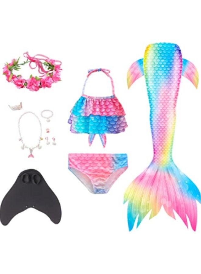 GGEROU Girls Swimwear Mermaid Tail Swimwear,Bikini Sets with Head Garland Necklace Hair Clip,Mermaid Costume Swimsuits for Kids - Image 1