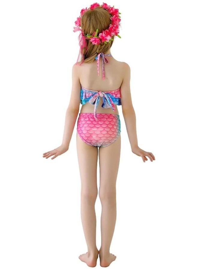 GGEROU Girls Swimwear Mermaid Tail Swimwear,Bikini Sets with Head Garland Necklace Hair Clip,Mermaid Costume Swimsuits for Kids - Image 3