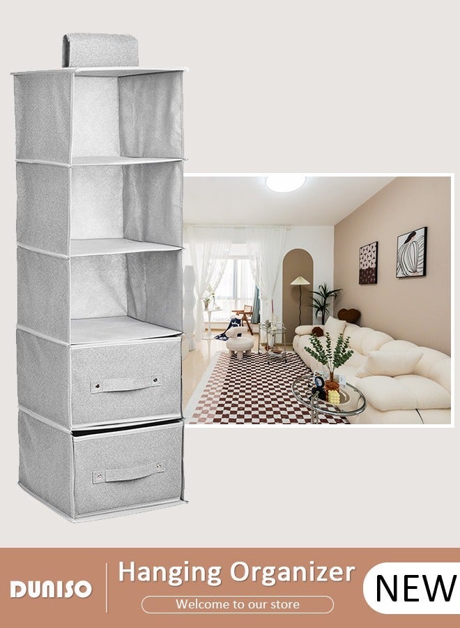 DUNISO 5-Tier Wardrobe Hanging Storage Organizer with Drawers, Dressing Room Finishing Hanging Underwear Storage Bag Household Multi-Layer Box Dust Bag Foldable Includes 2 Drawers - Image 1