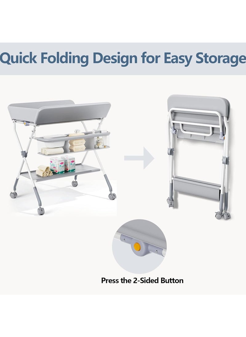 Jorunb - Baby Diaper Changing Tables, Foldable Changing Table with Wheels, Portable Diaper Changing Station, Adjustable Height Baby Changing Table with Wheels, Safety Belt and Large Storage Rack for Infant - Image 1