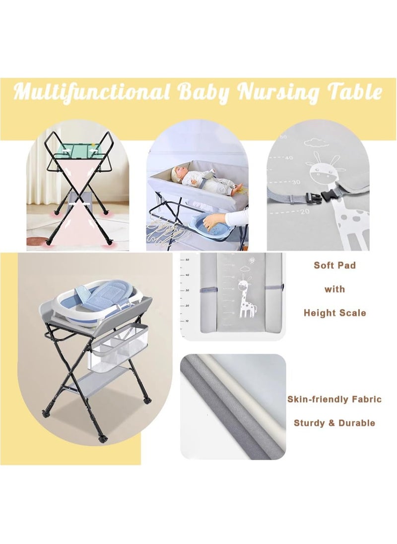 Jorunb - Baby Diaper Changing Tables, Foldable Changing Table with Wheels, Portable Diaper Changing Station, Adjustable Height Baby Changing Table with Wheels, Safety Belt and Large Storage Rack for Infant - Image 1