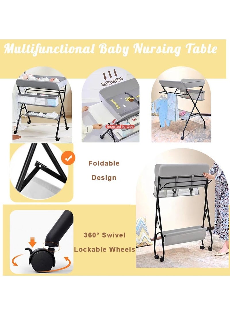 Jorunb - Baby Diaper Changing Tables, Foldable Changing Table with Wheels, Portable Diaper Changing Station, Adjustable Height Baby Changing Table with Wheels, Safety Belt and Large Storage Rack for Infant - Image 1