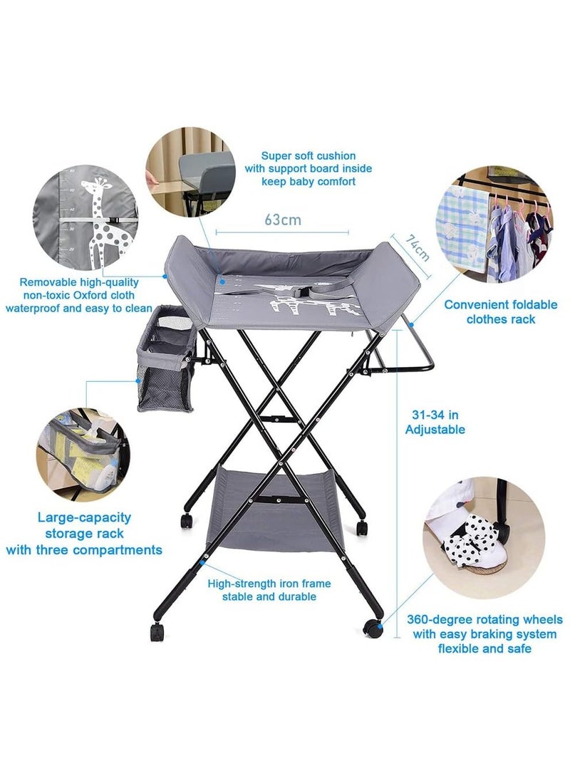 Jorunb - Baby Diaper Changing Tables, Foldable Changing Table with Wheels, Portable Diaper Changing Station, Adjustable Height Baby Changing Table with Wheels, Safety Belt and Large Storage Rack for Infant - Image 1