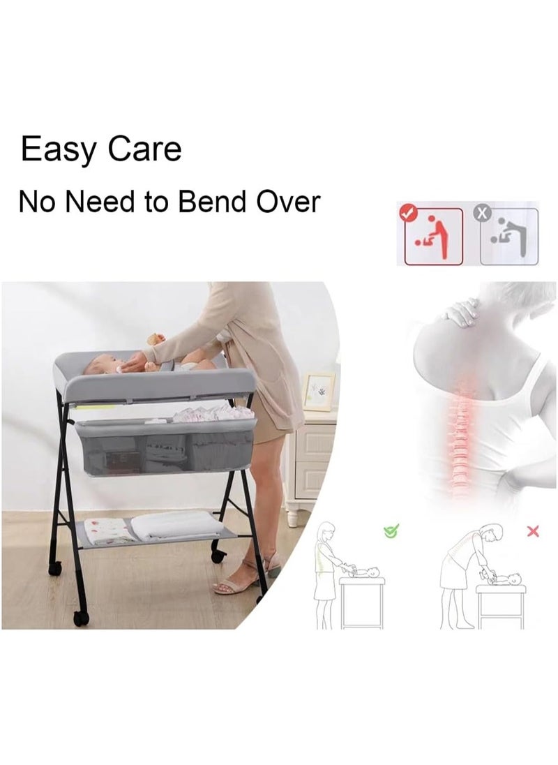 Jorunb - Baby Diaper Changing Tables, Foldable Changing Table with Wheels, Portable Diaper Changing Station, Adjustable Height Baby Changing Table with Wheels, Safety Belt and Large Storage Rack for Infant - Image 1