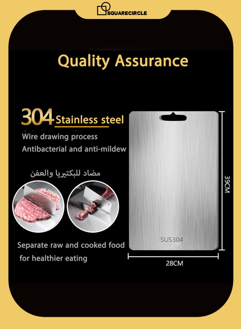دائرة مربعة لوح تقطيع مزدوج الجوانب من الفولاذ المقاوم للصدأ 304 - لوح تقطيع مضاد للبكتيريا، سهل التنظيف، متين للحوم والخضراوات والفواكه وغيرها، سطح مانع للانزلاق - Image 3