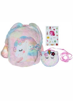 PEAKY KIDS PEAKY KIDS Unicorn Cute School Bags for Girls Backpack, 3D Rainbow Color Cute Plush Girls Bag with Fuzzy Notebook & Pom-Pom Pen, Stickers & Tattoos, Stylish Unicorn Bag School for Kids Bags Girls  - Image 1
