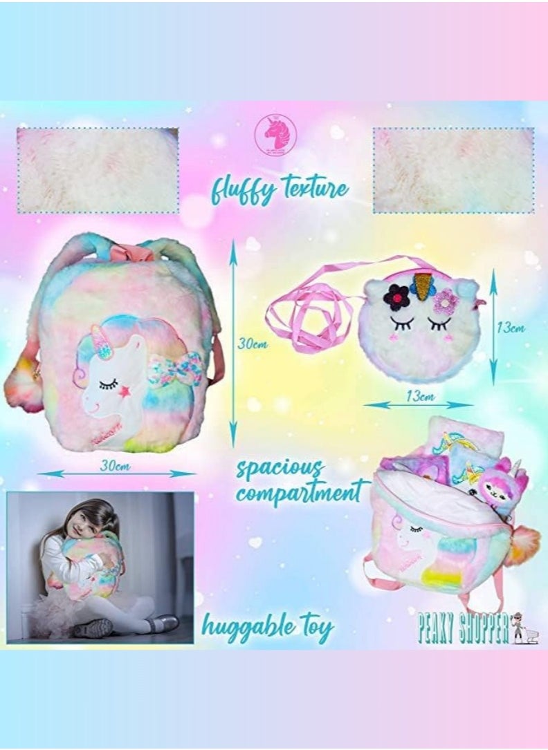 PEAKY KIDS PEAKY KIDS Unicorn Cute School Bags for Girls Backpack, 3D Rainbow Color Cute Plush Girls Bag with Fuzzy Notebook & Pom-Pom Pen, Stickers & Tattoos, Stylish Unicorn Bag School for Kids Bags Girls  - Image 3