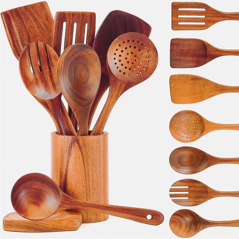 Riveira 's 9-Piece Dark Brown Kitchen Essentials Wooden Cooking Utensils Set - Complete Kitchen Utensils Set for Gourmet Results - Image 1