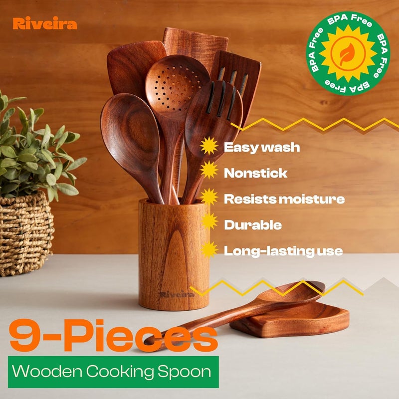 Riveira 's 9-Piece Dark Brown Kitchen Essentials Wooden Cooking Utensils Set - Complete Kitchen Utensils Set for Gourmet Results - Image 4