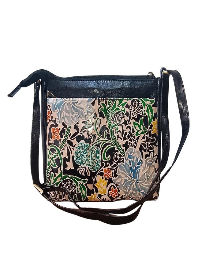 Chitrahar Genuine Shantiniketan Leather Multi-compartment Trendy Sling Bag for Women (Black) - Image 1
