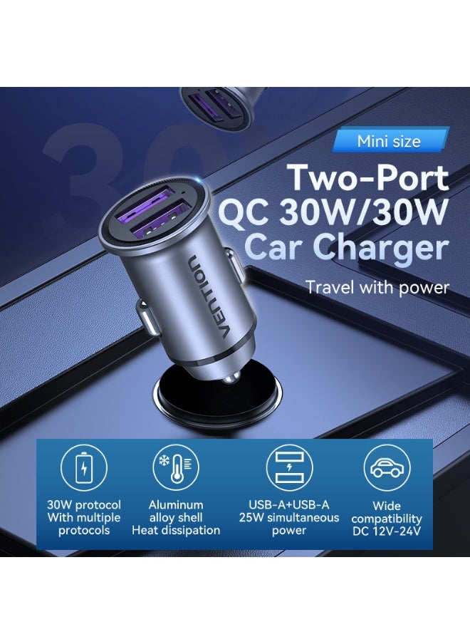فينشن شاحن سيارة VENTION بمنفذين USB A+A(30/30) صغير الحجم رمادي اللون من نوع سبائك الألومنيوم، رقم الموديل FFEH0  - Image 2