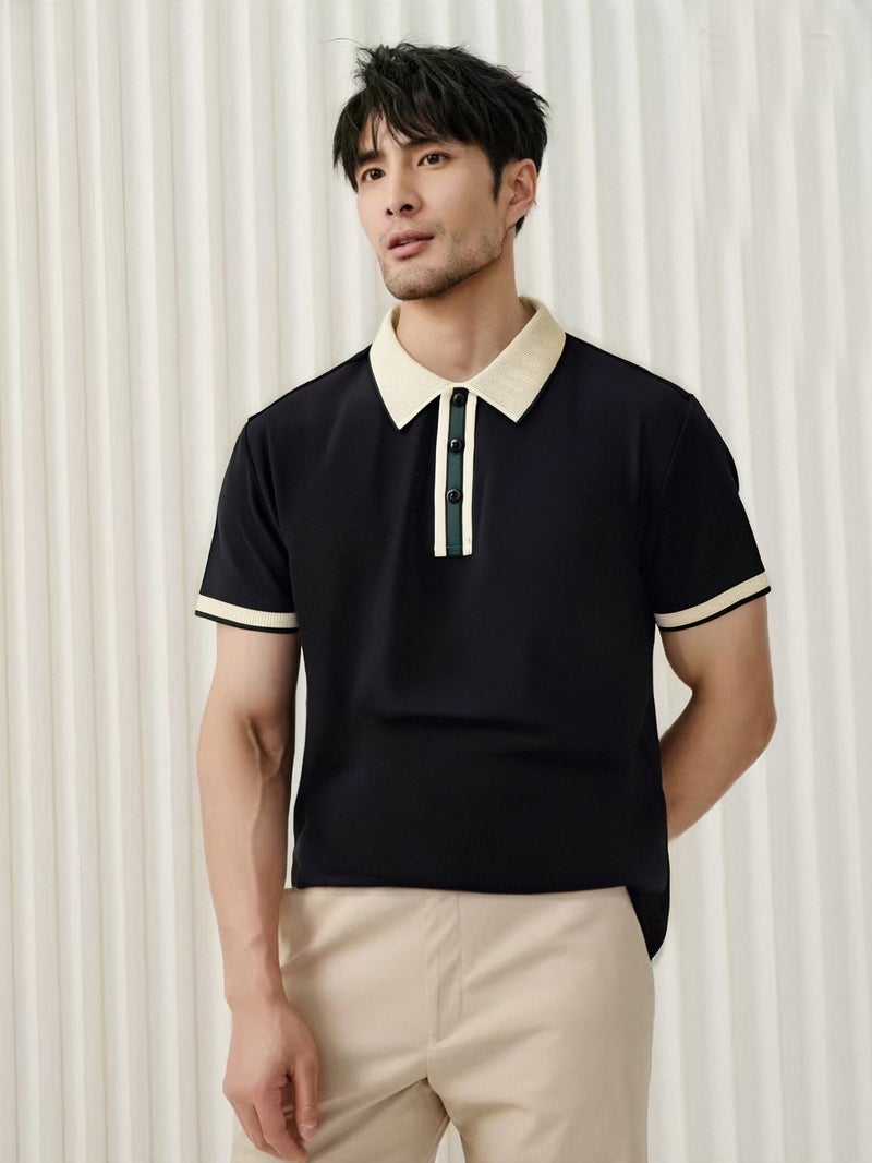 Men's Knitted Contrast Short Sleeve Polo Shirt with Turn-Down Collar Casual Top - Image 2