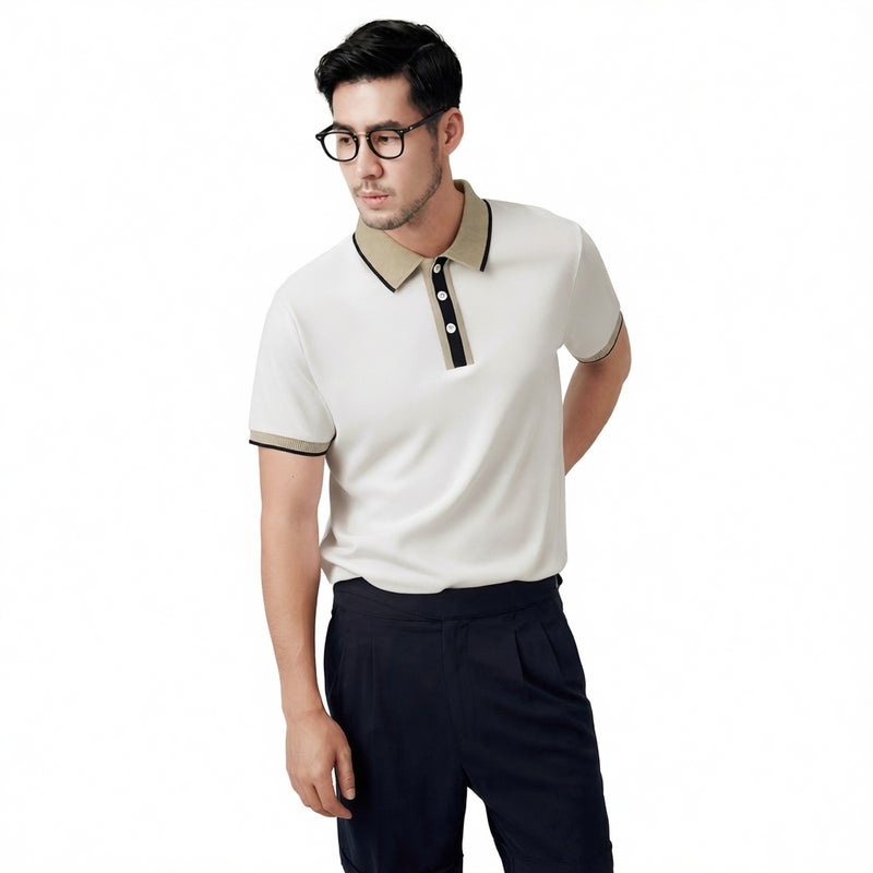 Men's Knitted Contrast Short Sleeve Polo Shirt with Turn-Down Collar Casual Top - Image 1