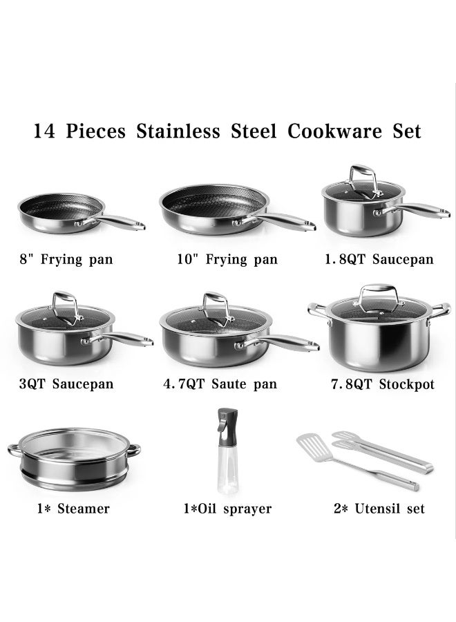 طقم أواني مطبخ من الستانلس ستيل الهجين ٣ طبقات، شامل قدور و طاسات غير لاصقة مع سلة بخار، أواني مطبخ خالية من السموم للتسخين، طقم مطبخ خالي من PFOA و PTFE، آمن للغسالة والفرن - Image 2
