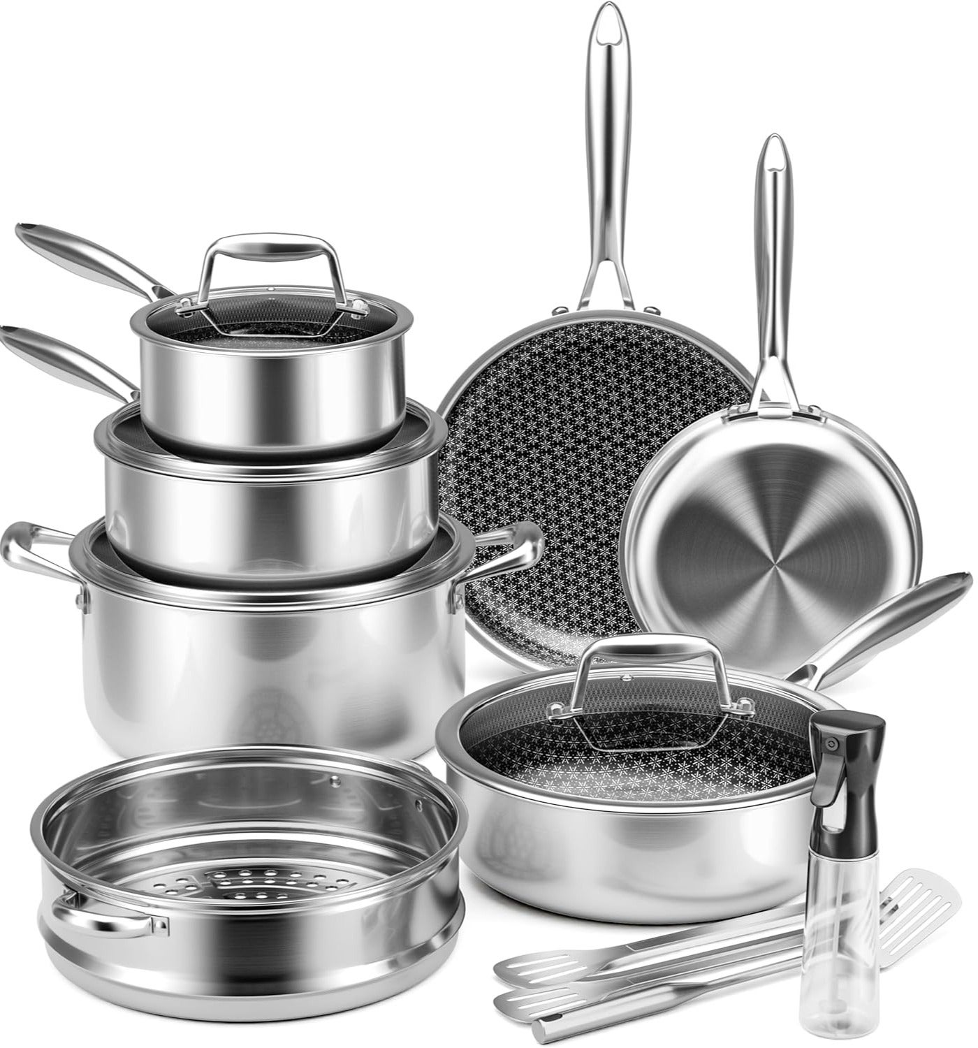 Hybrid Tri-ply Stainless Steel Cookware Set, Pots And Pans Set Non Stick with Steamer Basket, Non Toxic Induction Cookware, Kitchen Cookware Sets PFOA & PTFE Free, Dishwasher and Oven Safe