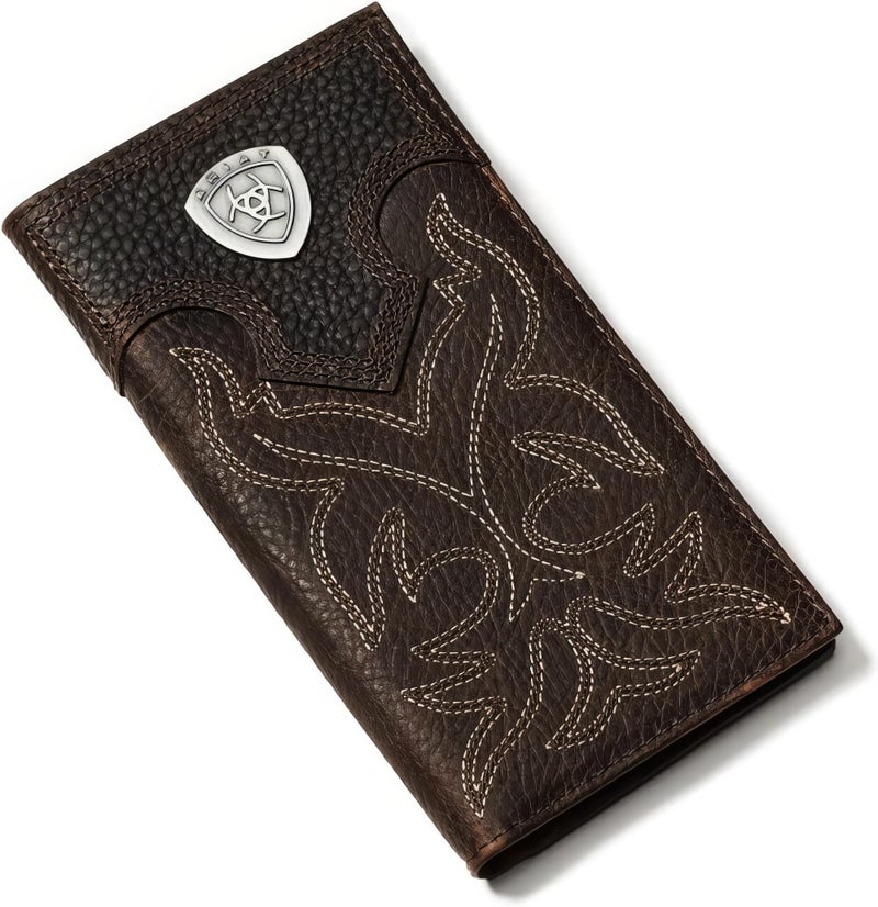 ARIAT Menâ€™s Boot Stitch Overlay Rodeo Wallet, Distressed Top Grain Leather with Silver Shield Concho | Dark Brown - Image 1