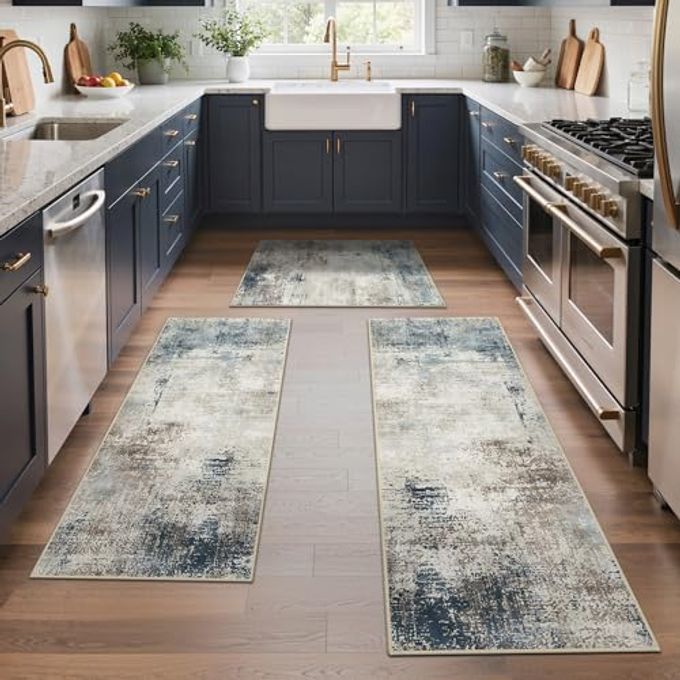 GENIMO Kitchen Rug Sets of 3, Non-Slip Washable Low-Pile Kitchen Mats for Floor, Waterproof Abstract Kitchen Runner Rug, Floor Mat Carpet for Hallway, Laundry, Sink, Entryway, Bathroom, Blue