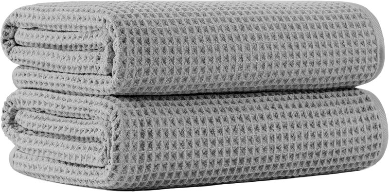 MICROFI New Microfiber Waffle Bath Towels, 2 Pieces, Oversized, Soft, Absorbent, Fast Drying, Lint Free (Silver) - Image 1