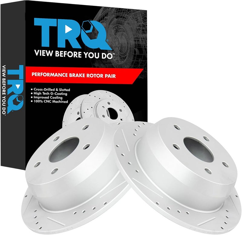TRQ Rear Brake Rotor Set G Coated Solid Drilled and Slotted Compatible with 1999-2004 Jeep Grand Cherokee - Image 1