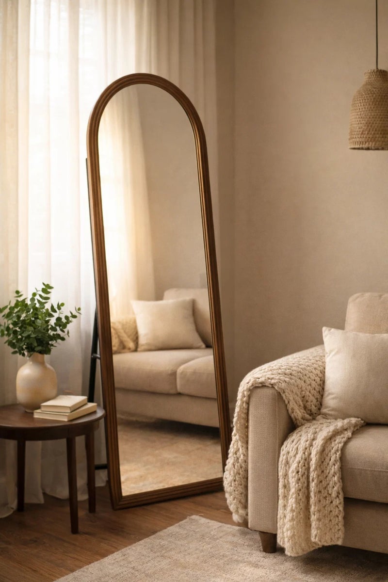 ماريا هومز مرآة أرضية بطول كامل بإطار خشبي بني مقوس 170x60 سم - Image 1