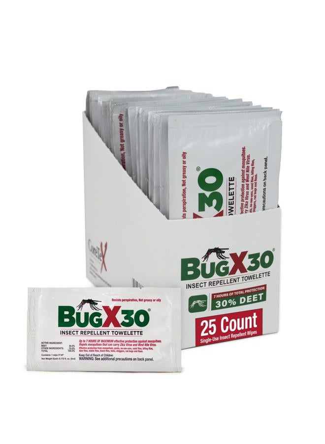 coretex Bug X 30 Mosquito, Tick, & Insect Repellent Wipes with 30% DEET - Pack of 25 Single-Use Bug Repellent Wipes for 7 Hours of Protection - Protects Against 12 Types of Insects - Image 1