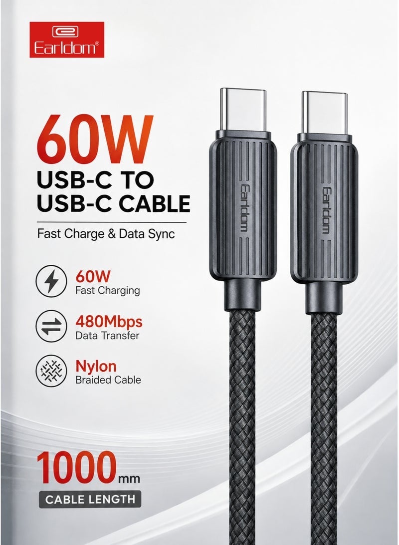 Earldom Grey Braided USB-C Cable 60W, 1 Meter, Fast Charging & Data Sync Cable Compatible with MacBook Air, iPad, Samsung Galaxy & USB-C Devices - Image 1