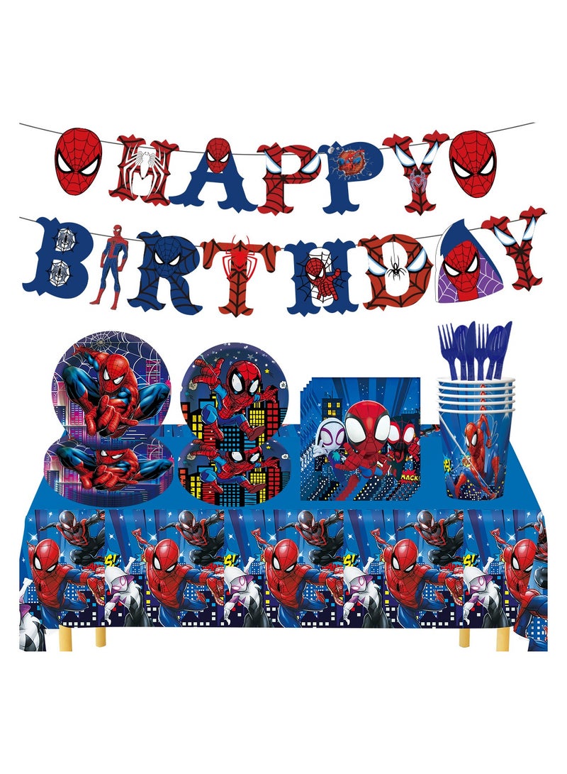Spiderman Birthday Party Decorations Kit - Superhero Themed Pull Flags, Paper Plates & Cups Set, Tablecloth & Backdrop for Kids Celebration - Image 1