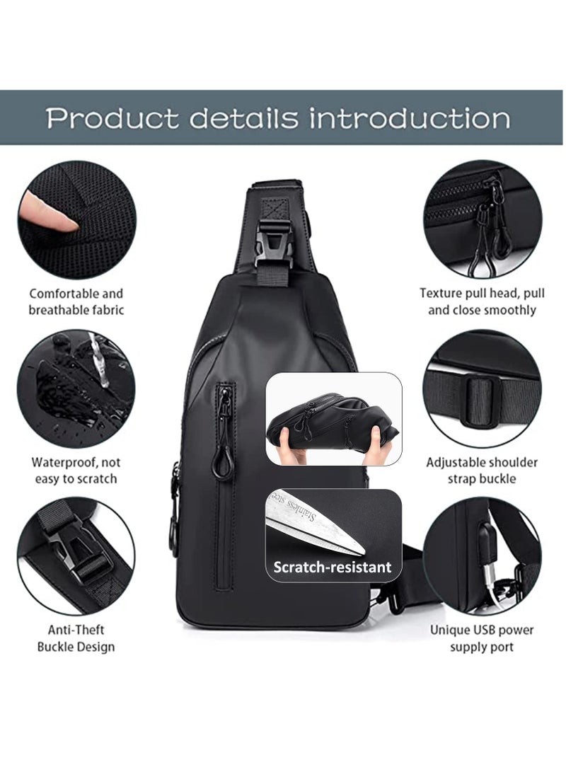 Crossbody Bag Casual Shoulder Bag for Men and Women Waterproof Leather Backpack Business Chest Bag with USB Charging Port for Travel Hiking (B) - Image 3