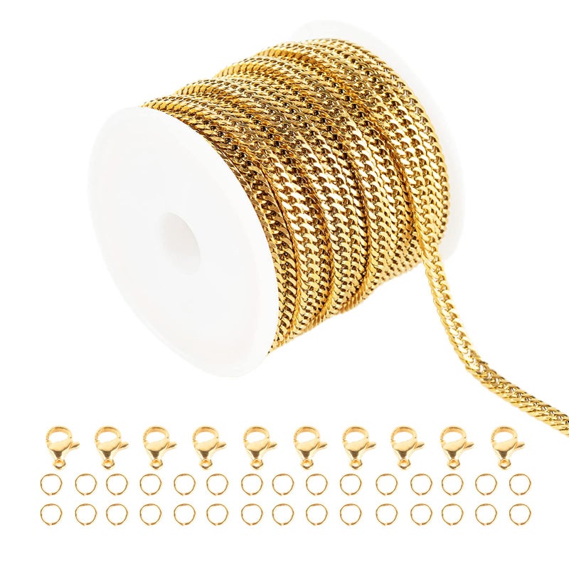 YOUBEIYEE 164 Feet Stainless Steel Chains for Jewelry Making Gold Plated Cuban Chain Roll with Jump Ring Lobster Clasps for Bracelet Necklace DIY Making Supplies
