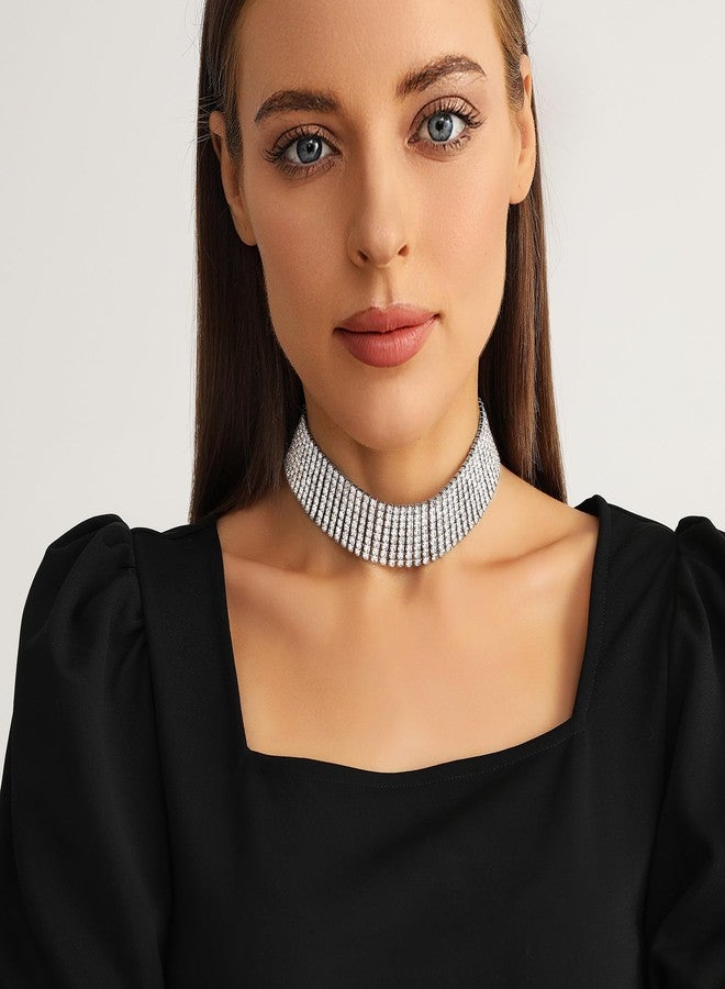 Zealmer Wide Fake Diamond Choker 8 Row White Gold Plated - Image 4