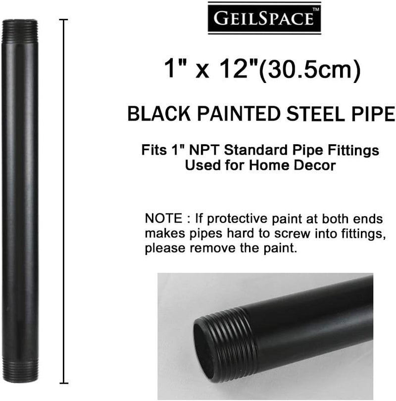 GeilSpace 1" × 12" Pre-Cut Black Metal Pipe, Industrial Steel Fits Standard One Inch Black Threaded Pipes and Fittings - Vintage DIY Industrial Shelving (1" × 12") - Image 2