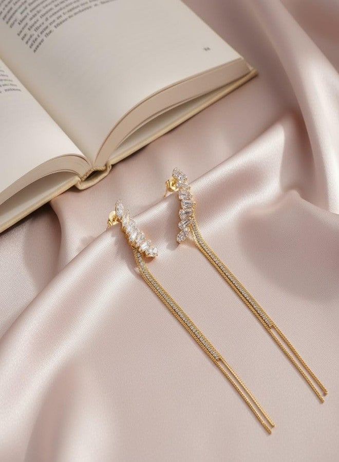 AMAAL American Diamond Long Chain Earrings Set for Women | Elegant AD CZ Stone Ear Rings | Stylish Jewellery for Woman & Girls | Gold Plated Dangler Earrings | Fashion Accessories Gift for Her 185 - Image 4