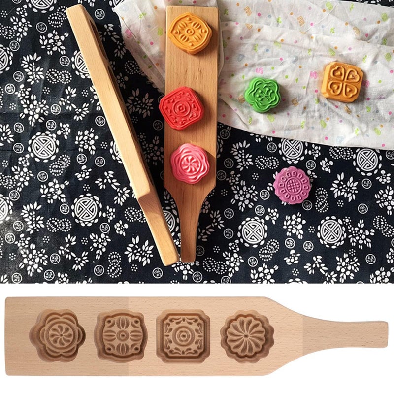 Vintage Handmade Beechwood Mooncake Mold Set Size 2 With 4 Floral Baking Stamps For Cookies Pastry Gift - Image 4