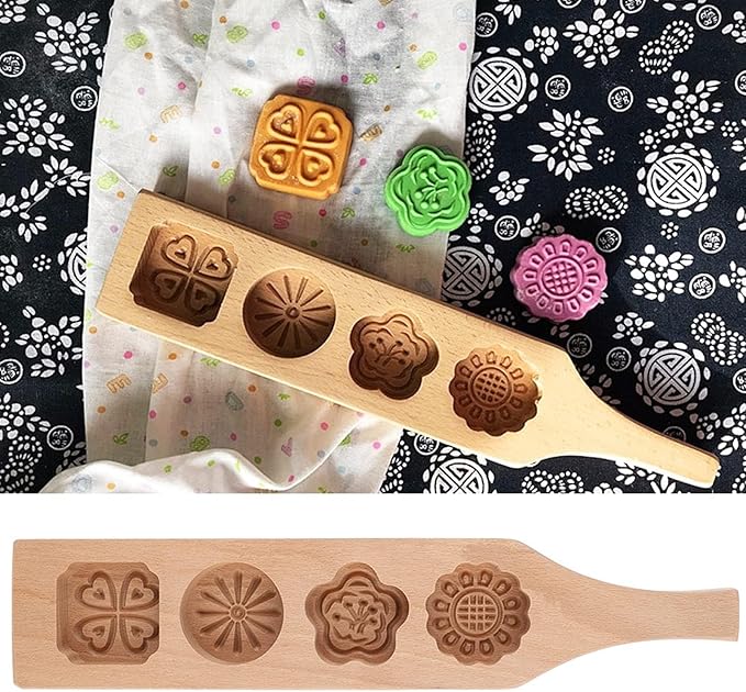 Vintage Handmade Beechwood Mooncake Mold Set Size 2 With 4 Floral Baking Stamps For Cookies Pastry Gift - Image 1