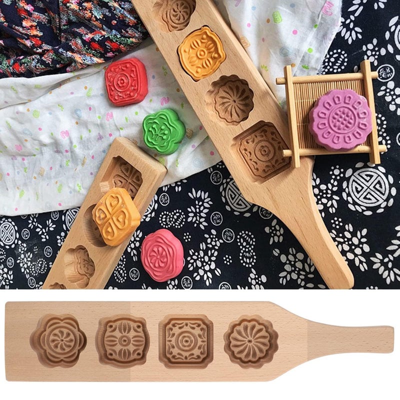 Vintage Handmade Beechwood Mooncake Mold Set Size 2 With 4 Floral Baking Stamps For Cookies Pastry Gift - Image 3