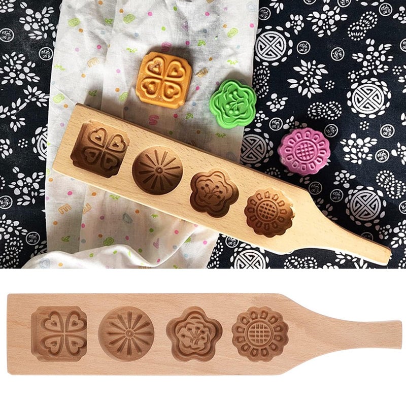 Vintage Handmade Beechwood Mooncake Mold Set Size 2 With 4 Floral Baking Stamps For Cookies Pastry Gift - Image 2