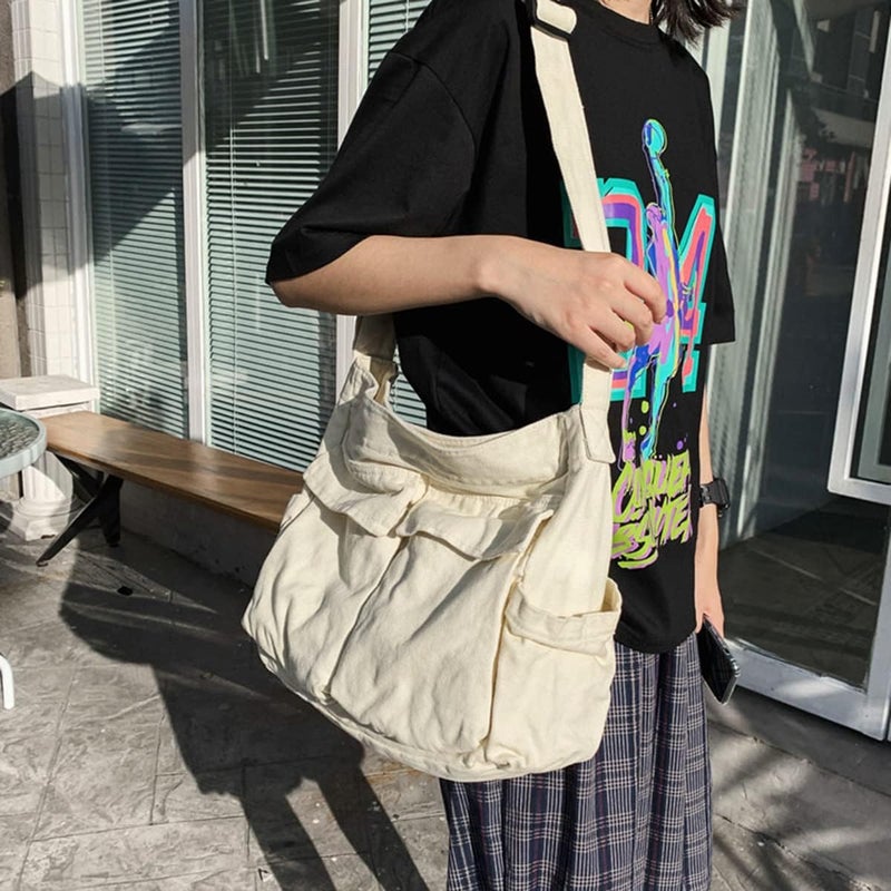 GAXOS Aesthetic Cute Messenger Bag for School Vintage Black Canvas Crossbody for Women Shoulder Laptop Bag - Image 4