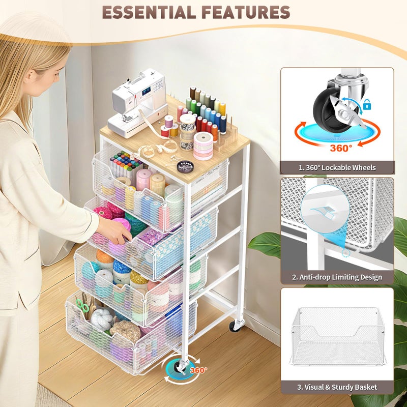 SUNALLY Rolling Cart with Drawers, 4-Tier Craft Storage Cart with Lockable Wheels, Metal Storage Drawer Cart Craft Organizer Art Cart for Kitchen, Bathroom, School, Studio, Office, Bedroom, White - Image 3