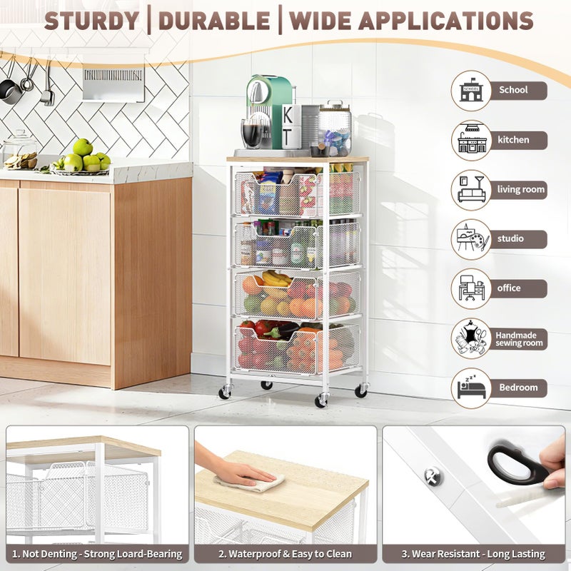 SUNALLY Rolling Cart with Drawers, 4-Tier Craft Storage Cart with Lockable Wheels, Metal Storage Drawer Cart Craft Organizer Art Cart for Kitchen, Bathroom, School, Studio, Office, Bedroom, White - Image 4