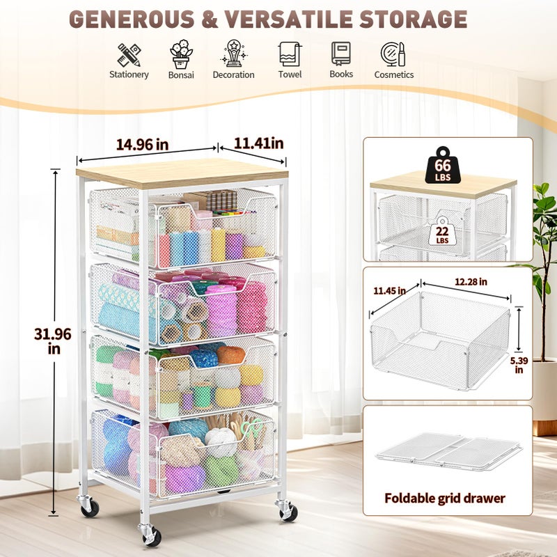 SUNALLY Rolling Cart with Drawers, 4-Tier Craft Storage Cart with Lockable Wheels, Metal Storage Drawer Cart Craft Organizer Art Cart for Kitchen, Bathroom, School, Studio, Office, Bedroom, White - Image 2
