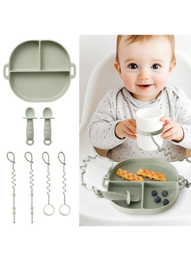 YIVEKO Baby Plates with Suction Silicone Baby Spoons Divided Baby Plates Silicone Baby Safety Toy Straps Baby Bottle Bungees Baby Feeding Set All-in-one-Sage - Image 1