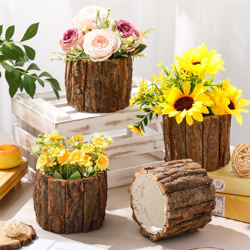 RimCereal 3 Pcs Wooden Vase for Centerpieces Woodland Table Decor Wooden Flower Vase Rustic Bark Stump Buckets Vintage Wood Planter Pots for Garden Party Wedding Window Home Farmhouse (Large) - Image 2
