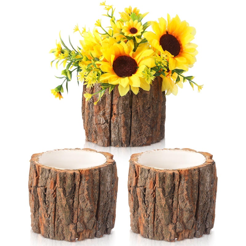 RimCereal 3 Pcs Wooden Vase for Centerpieces Woodland Table Decor Wooden Flower Vase Rustic Bark Stump Buckets Vintage Wood Planter Pots for Garden Party Wedding Window Home Farmhouse (Large) - Image 1