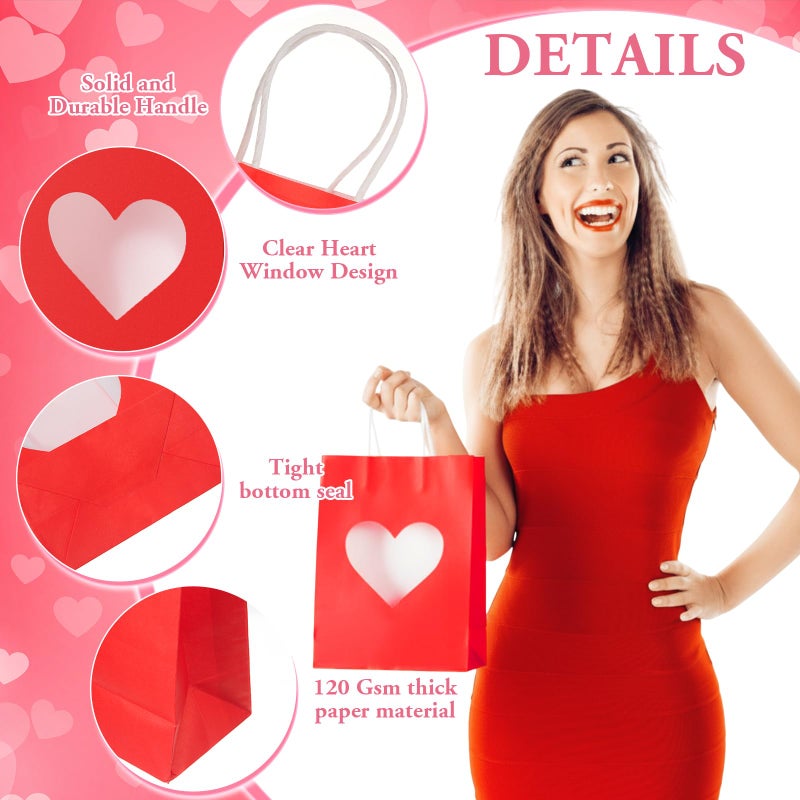 Gilprop 100 Pcs Valentine Gift Bags Bulk, Paper Treat Bag with Handles, Heart Clear Window, Red Pink Party Favor Packaging for Candy, Cookies, Small Gifts (Red) - Image 5
