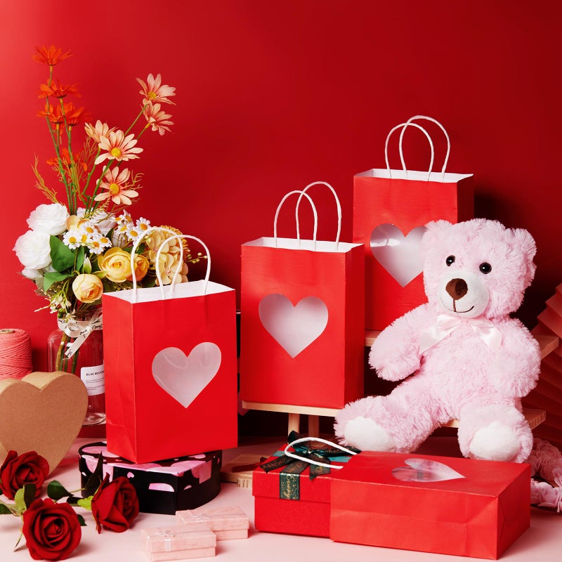 Gilprop 100 Pcs Valentine Gift Bags Bulk, Paper Treat Bag with Handles, Heart Clear Window, Red Pink Party Favor Packaging for Candy, Cookies, Small Gifts (Red) - Image 4