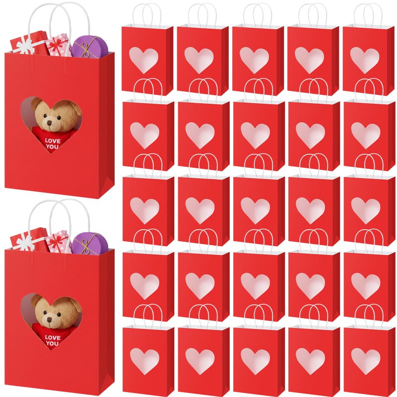 Gilprop 100 Pcs Valentine Gift Bags Bulk, Paper Treat Bag with Handles, Heart Clear Window, Red Pink Party Favor Packaging for Candy, Cookies, Small Gifts (Red) - Image 1