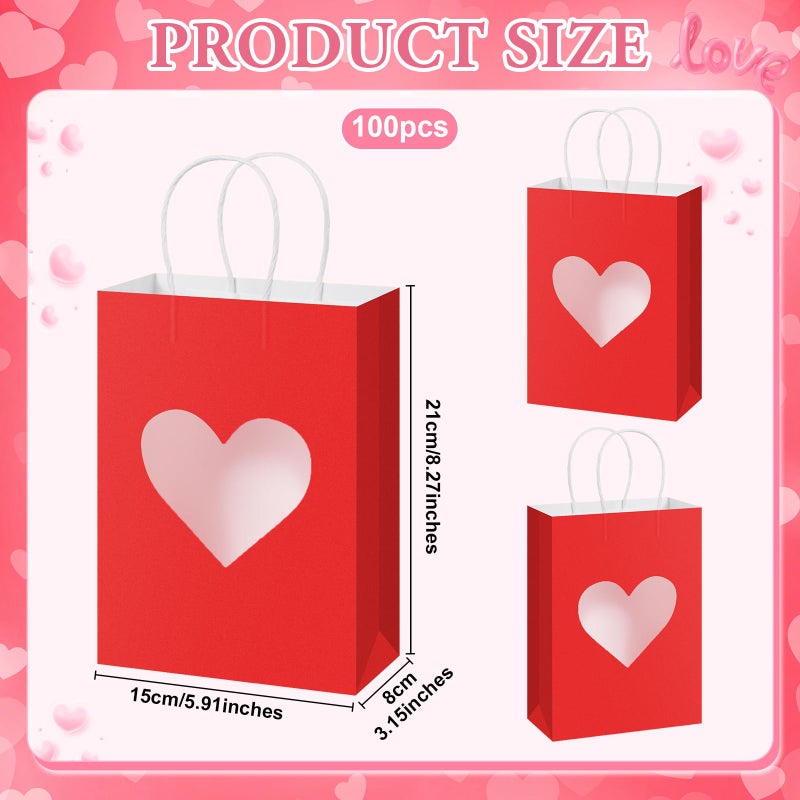 Gilprop 100 Pcs Valentine Gift Bags Bulk, Paper Treat Bag with Handles, Heart Clear Window, Red Pink Party Favor Packaging for Candy, Cookies, Small Gifts (Red) - Image 3