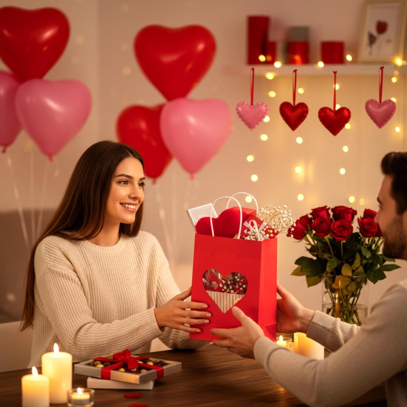 Gilprop 100 Pcs Valentine Gift Bags Bulk, Paper Treat Bag with Handles, Heart Clear Window, Red Pink Party Favor Packaging for Candy, Cookies, Small Gifts (Red) - Image 2